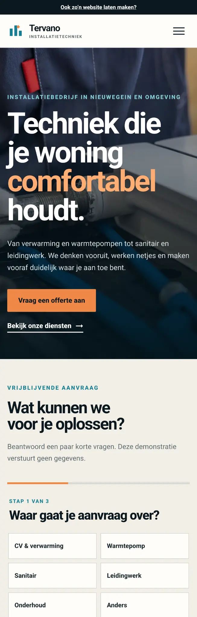 Mobiele weergave van de demo-website voor Tervano Installatietechniek